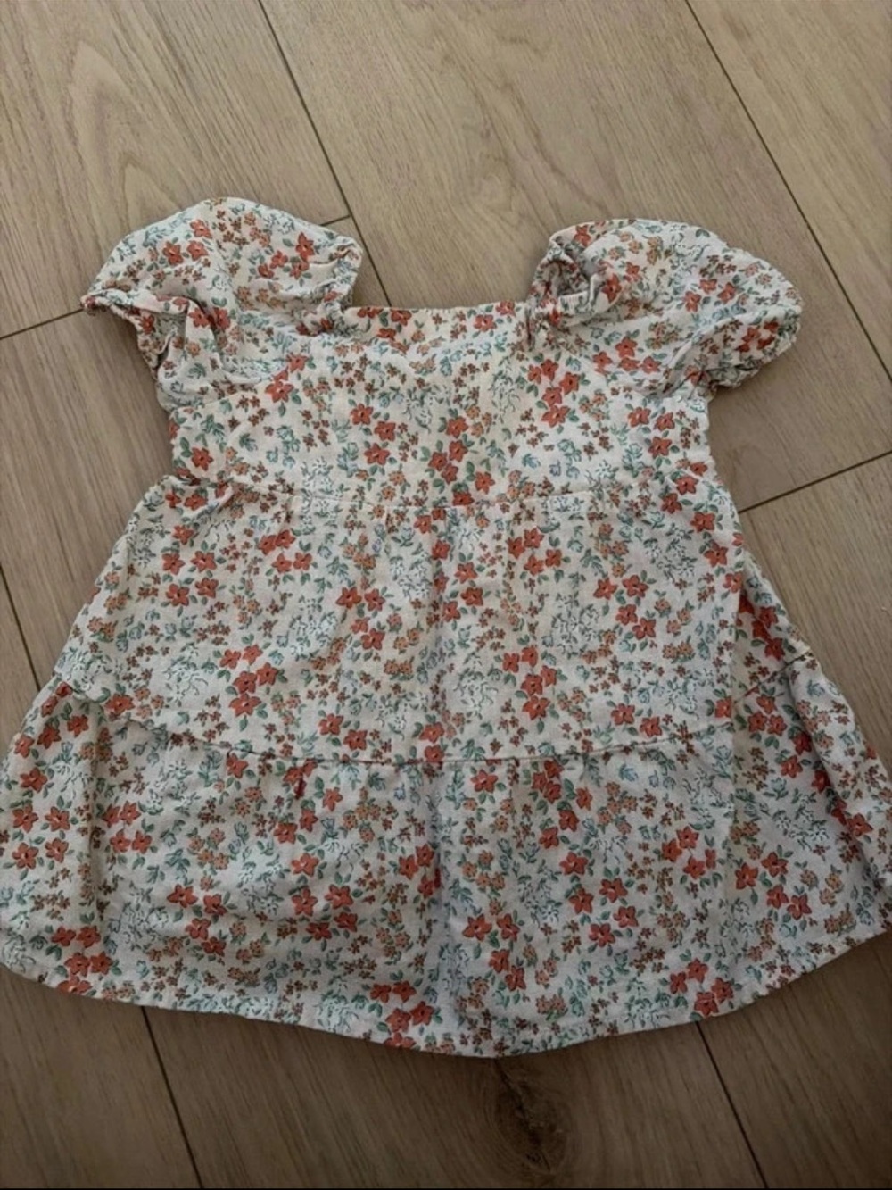 Floral Puff-Sleeve Girls Dress - White with Orange & Green Flowers